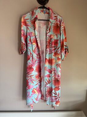 J. McLaughlin Catalina Cloth Tropical Floral Roll Sleeve Shirt Dress Large